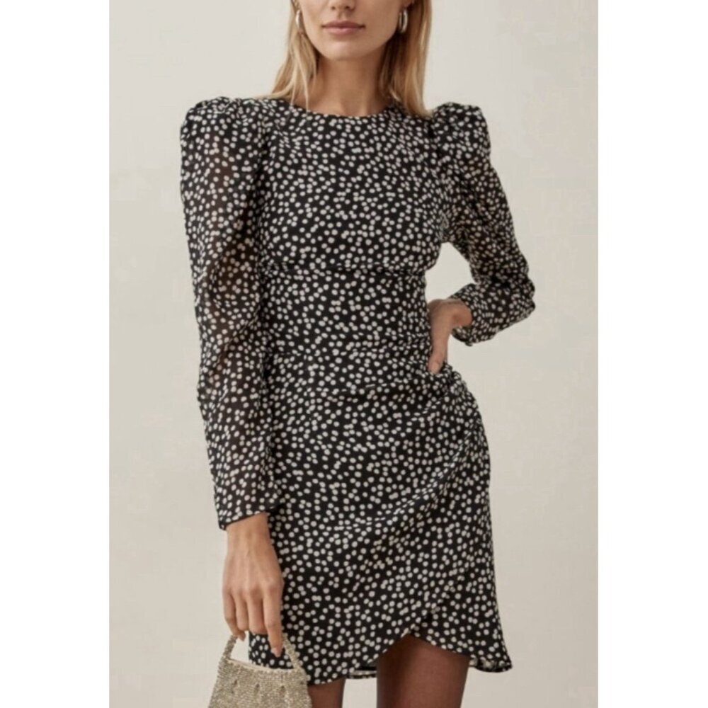 Reformation Black and White Long Sleeve Puff Shoulder Mini Dress